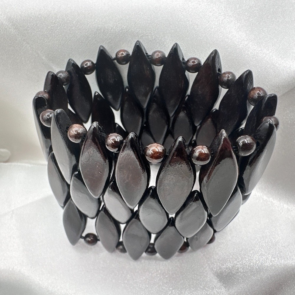 Vintage 90s Brown Wood Bead Stretch Cuff Bracelet Boho Jewelry
